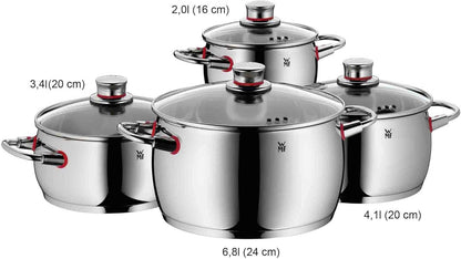 WMF Quality One Topfset 4-teilig, Induktion, Glasdeckel, Cromargan Edelstahl, unbeschichtet, Dampföffnung